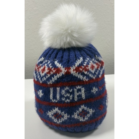 Turtle Fur USA Knit Fleece Lined Winter Pom Beanie Cap Red White Blue - Picture 3 of 8